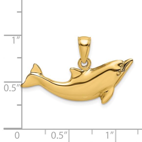 14k Yellow Gold Polished Dolphin Nautical Sea Life Necklace Charm Pendant - Picture 4 of 4